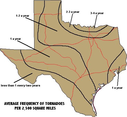 Tornadoes per 2,500 sqaure miles